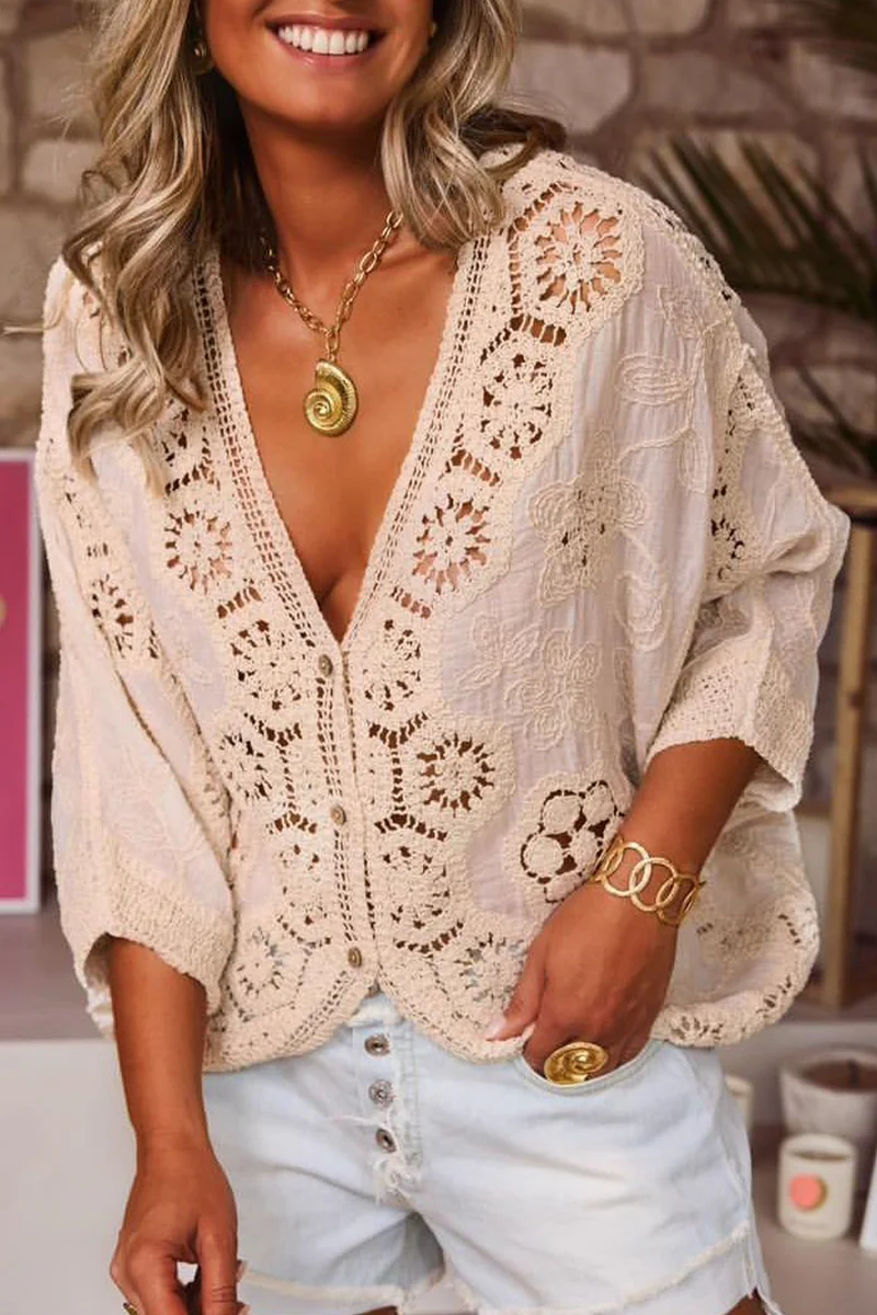 Casual Lace Hollow Out Distressed V Neck Outerwear - Panekey