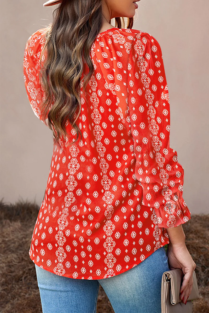 Casual Elegant Print Patchwork Frenulum V Neck Tops(7 Colors) - Panekey