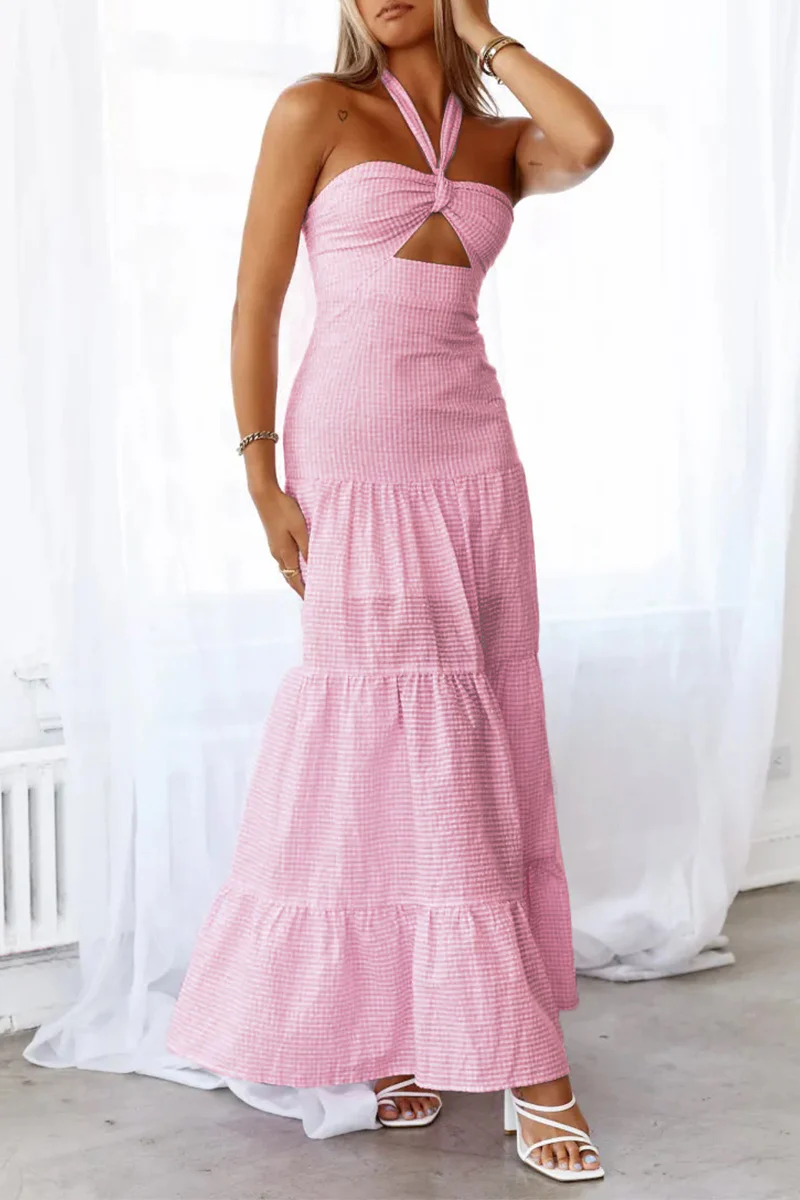 Casual Jacquard Lace Up Halter Long Dresses - Panekey