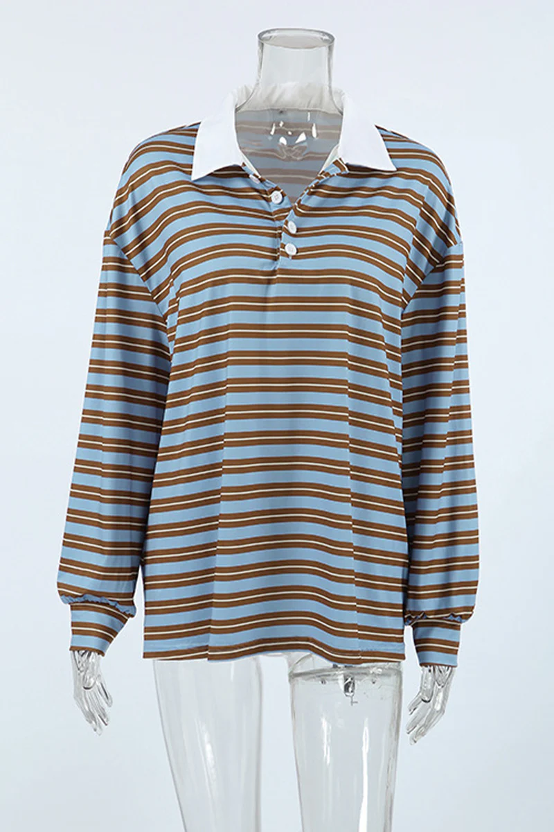 Casual Daily Striped Print Buttons Contrast Turndown Collar Tops - Panekey