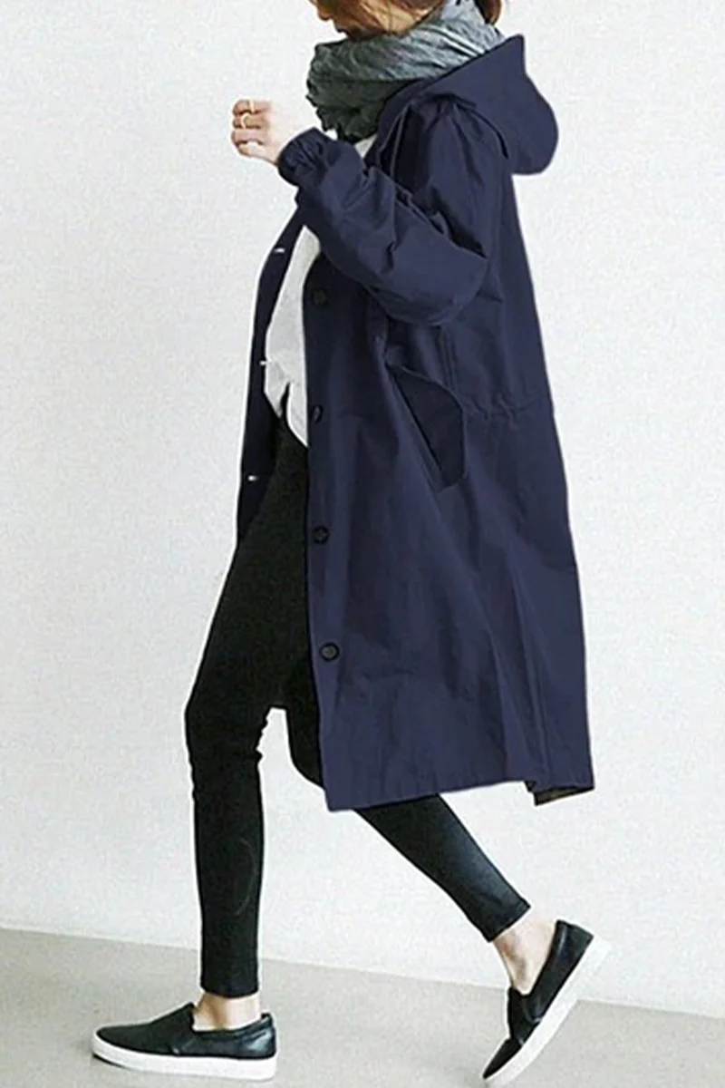 British Style Solid Pocket Buttons Hooded Collar Outerwear - Panekey