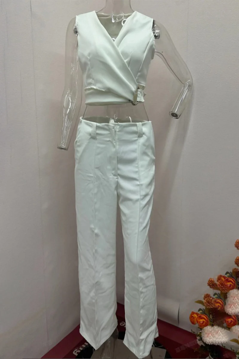 Casual British Style Solid Buttons V Neck Sleeveless Two Pieces - Panekey