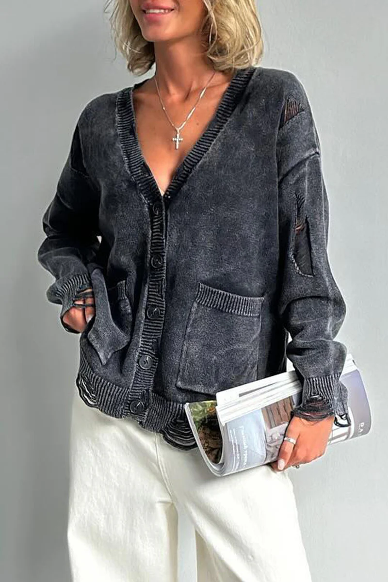 Casual Daily Solid Color Ripped Distressed Pocket Buttons V Neck Outerwear(3 Colors) - Panekey