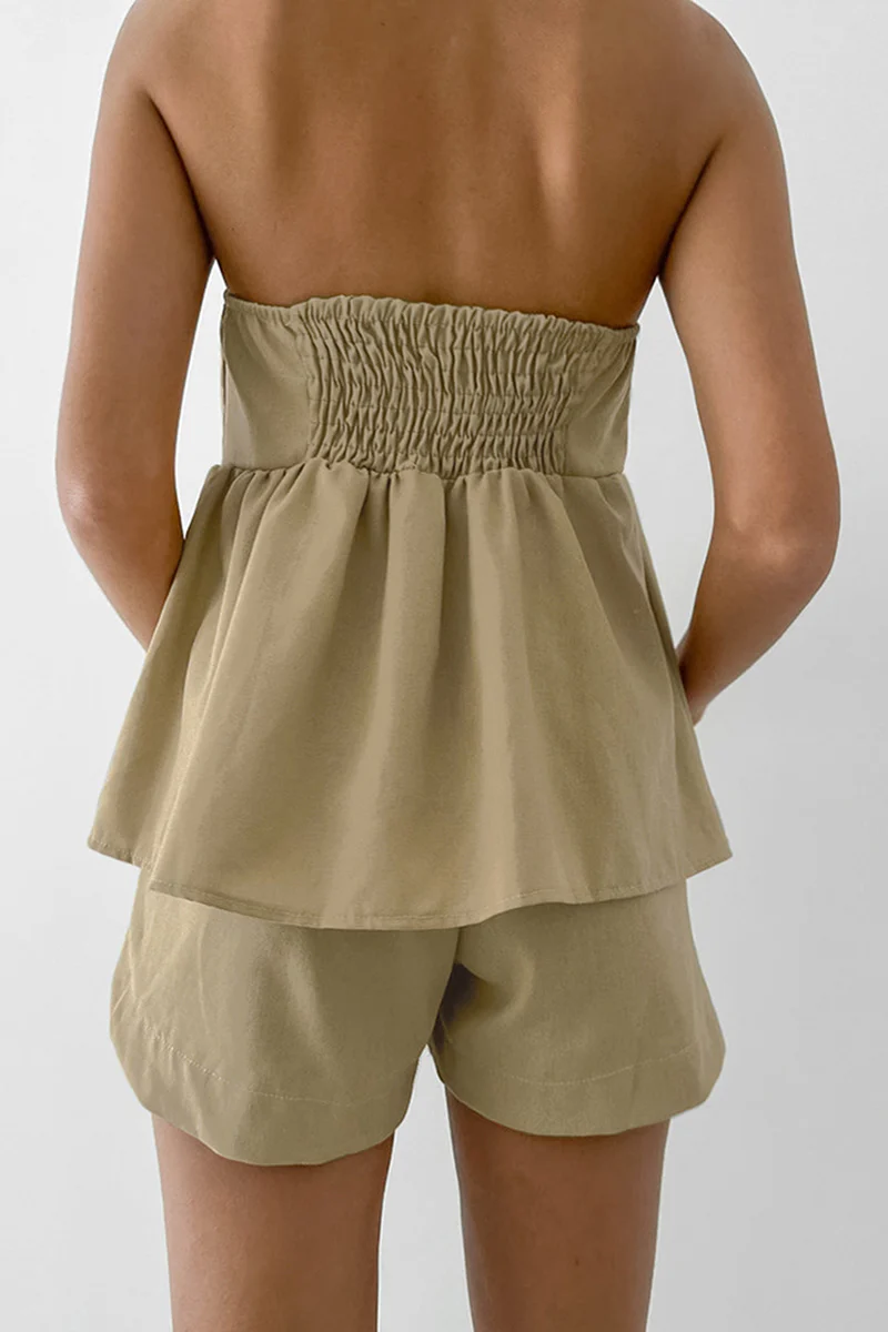 Casual Daily Solid Color Ruched Strapless Sleeveless Two Pieces - Panekey