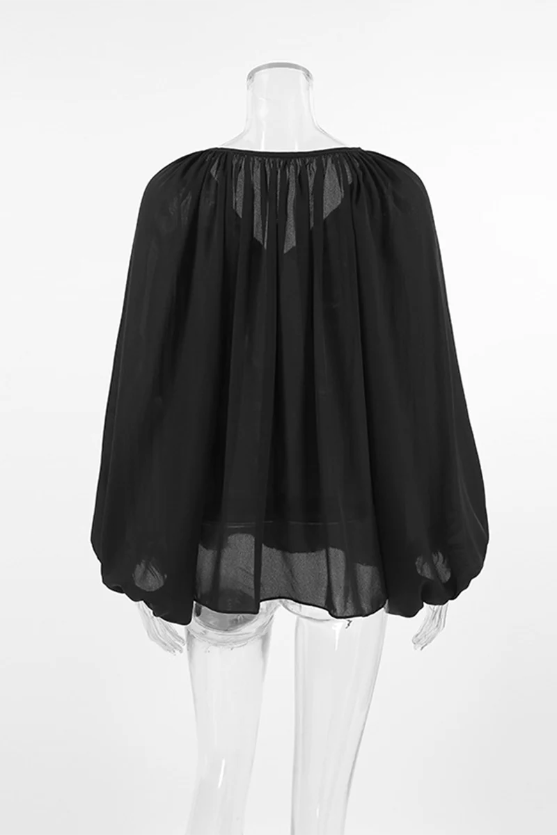 Casual Lace Up See-Through V Neck Blouses - Panekey