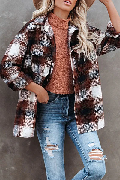 Casual Plaid Pocket Buckle Turndown Collar Outerwear(3 Colors) - Panekey