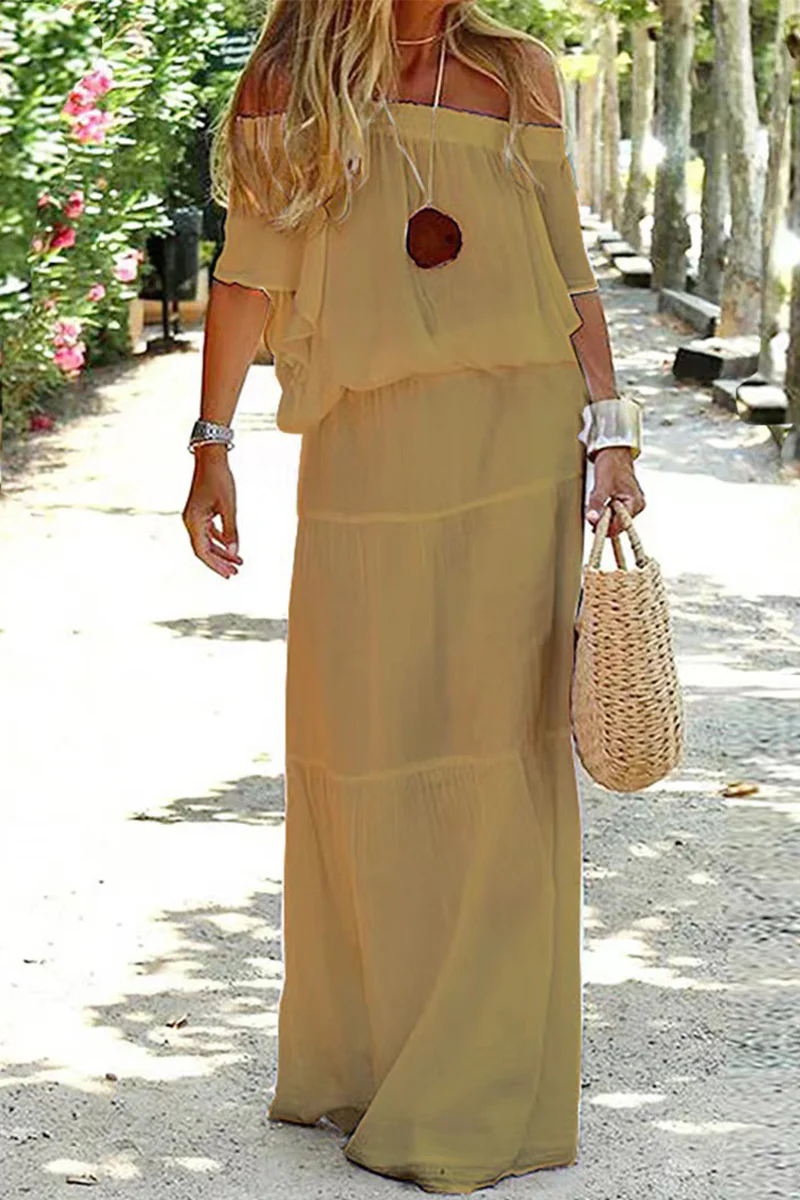 Casual Daily Solid Off the Shoulder Beach Dress Short Sleeve Dress(3 Colors) - Panekey