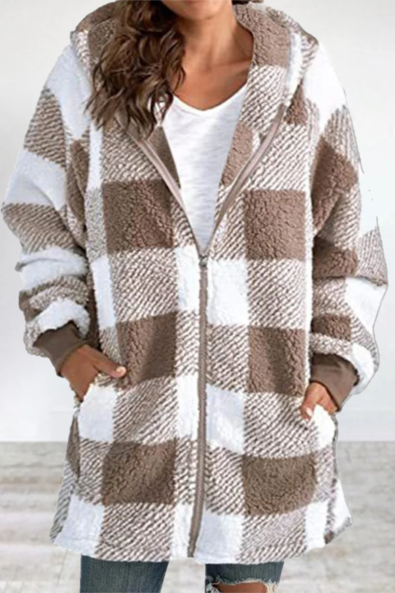 Casual Plaid Frenulum Contrast Zipper Hooded Collar Outerwear - Panekey