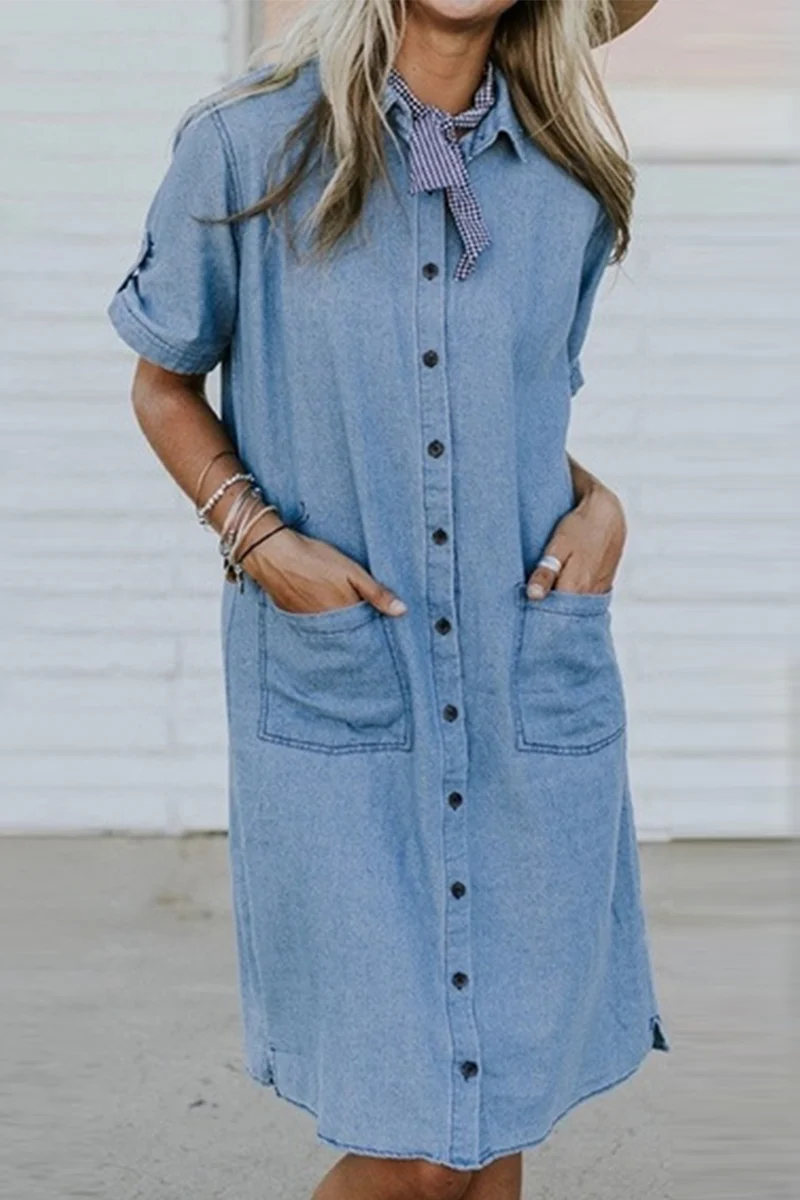 Casual Pocket Buckle Turndown Collar Dresses - Panekey