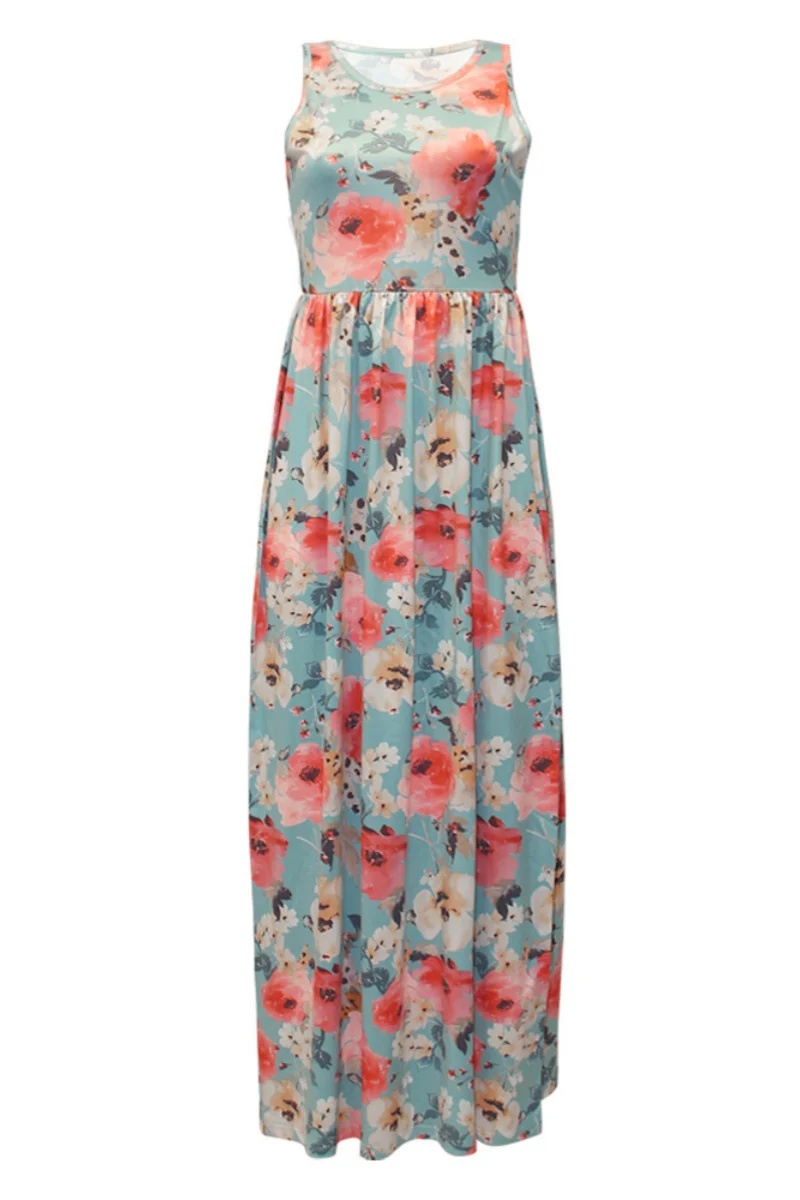 Casual Floral Print Basic O Neck Long Dresses - Panekey