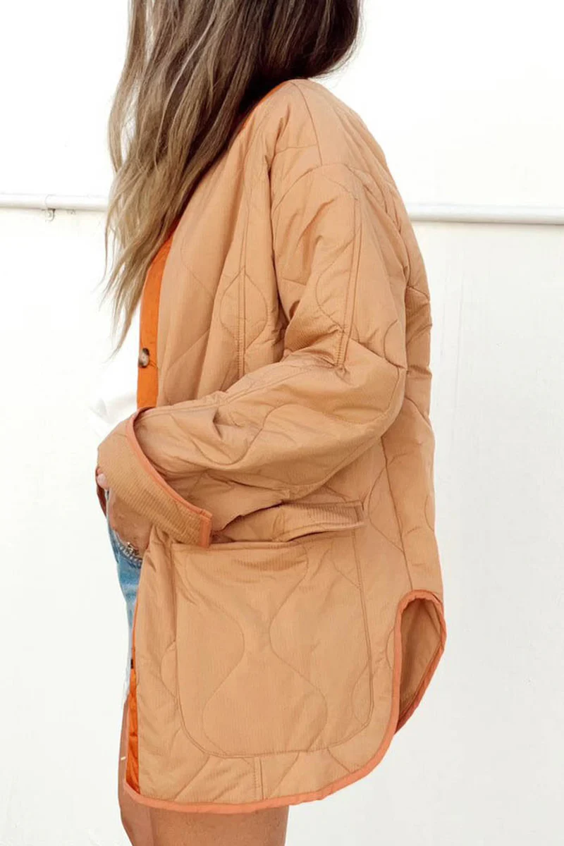 Casual Color Block Buckle Contrast O Neck Outerwear - Panekey