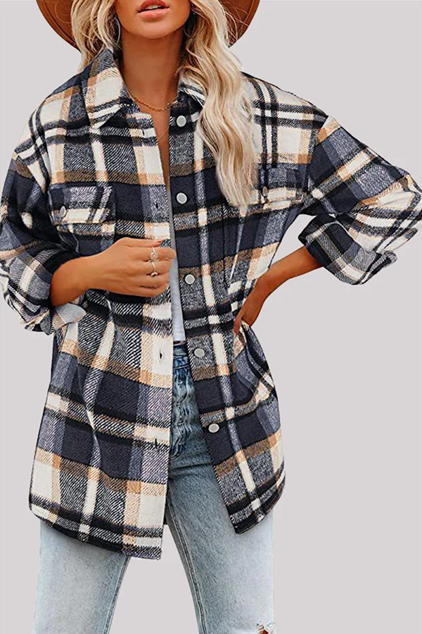 Casual Plaid Pocket Buckle Turndown Collar Outerwear(8 Colors) - Panekey