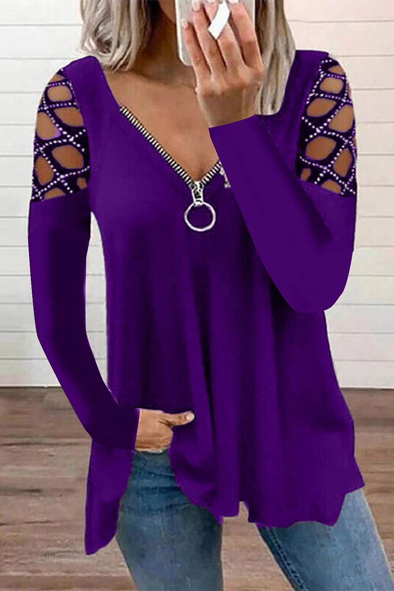 Casual Patchwork Hollowed Out Hot Drill Zipper Collar Tops(7 Colors) - Panekey