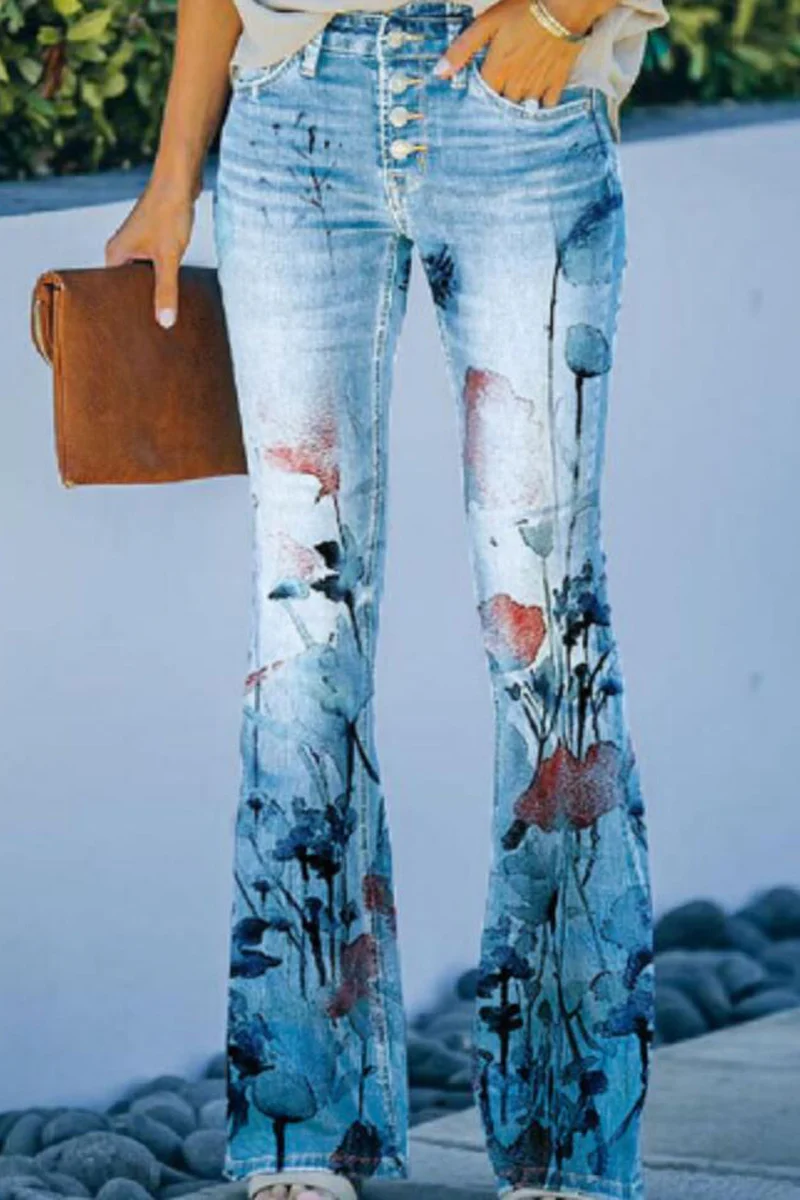 Casual Floral Pocket Regular Denim Jeans(9 Colors) - Panekey
