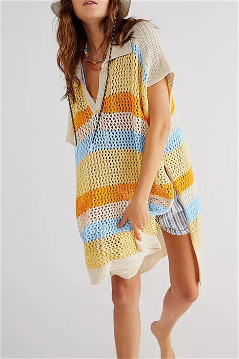 Casual Patchwork Hollowed Out Contrast Swimwears Cover Up - Panekey