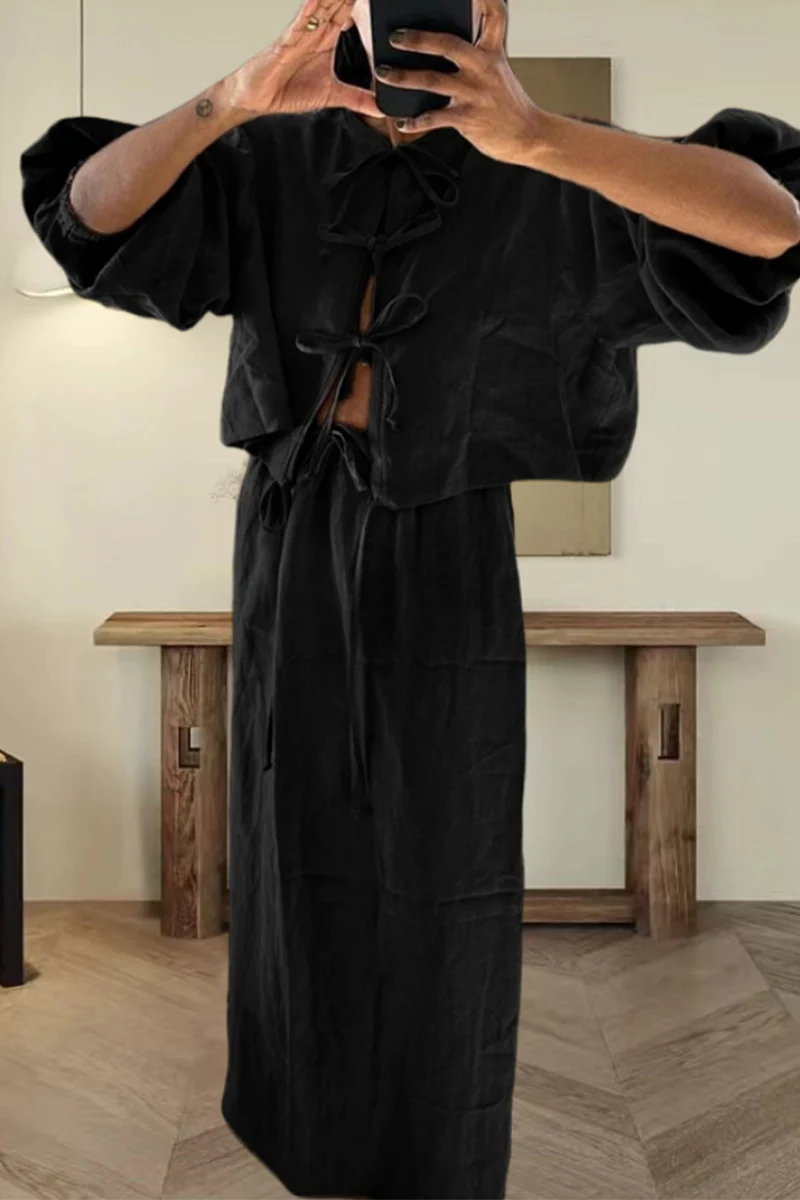 Casual Daily Solid Color Lace Up O Neck Long Sleeve Two Pieces(4 Colors) - Panekey