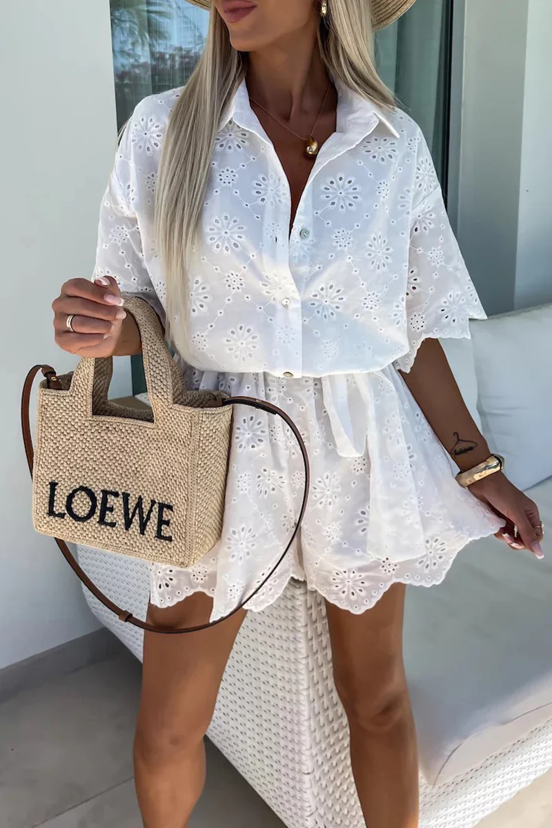Casual Embroidered Hollow Out Turndown Collar Loose Rompers - Panekey