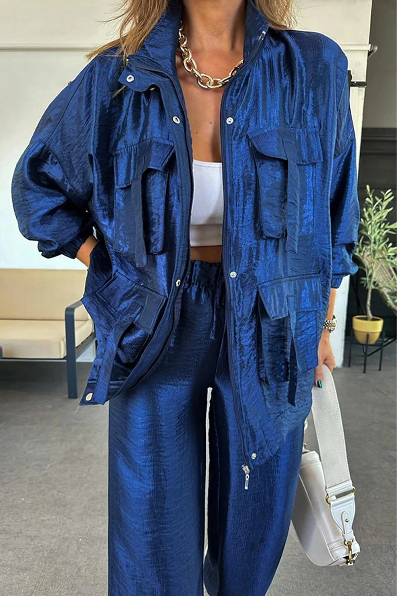 Casual Pocket Ruched Mandarin Collar Long Sleeve Two Pieces(6 Colors) - Panekey