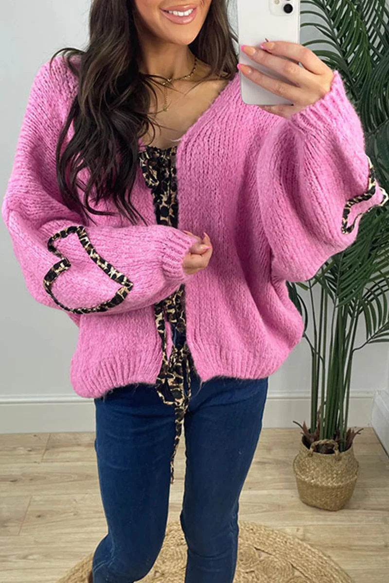 Casual Leopard Lace Up Patchwork Weave V Neck Outerwear(7 Colors) - Panekey