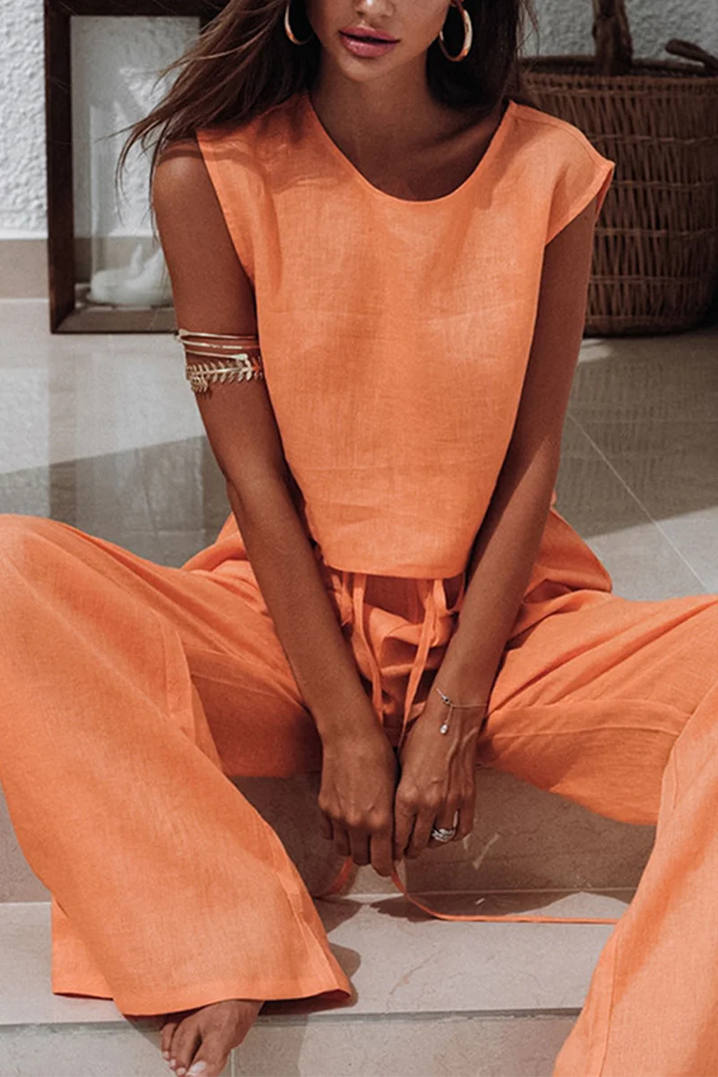 Casual Daily Solid Color Lace Up O Neck Sleeveless Two Pieces - Panekey