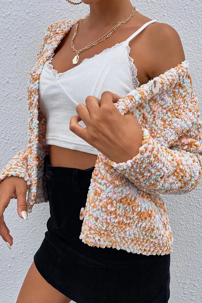 Casual Patchwork Buckle V Neck Tops Sweater - Panekey