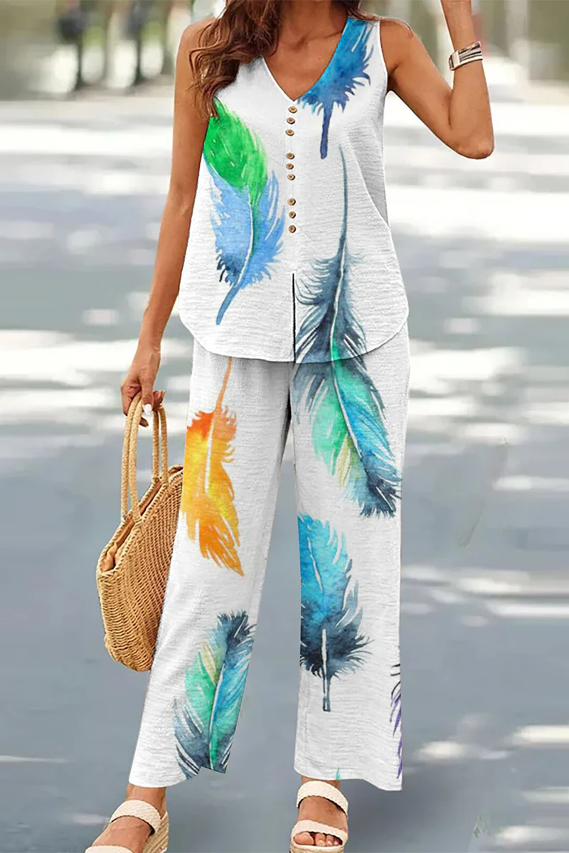 Casual Buttons V Neck Sleeveless Two Pieces(17 Colors) - Panekey