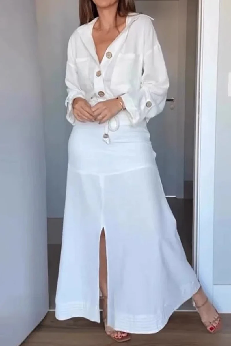 Casual Lace Up Buttons Turndown Collar Long Sleeve Two Pieces - Panekey