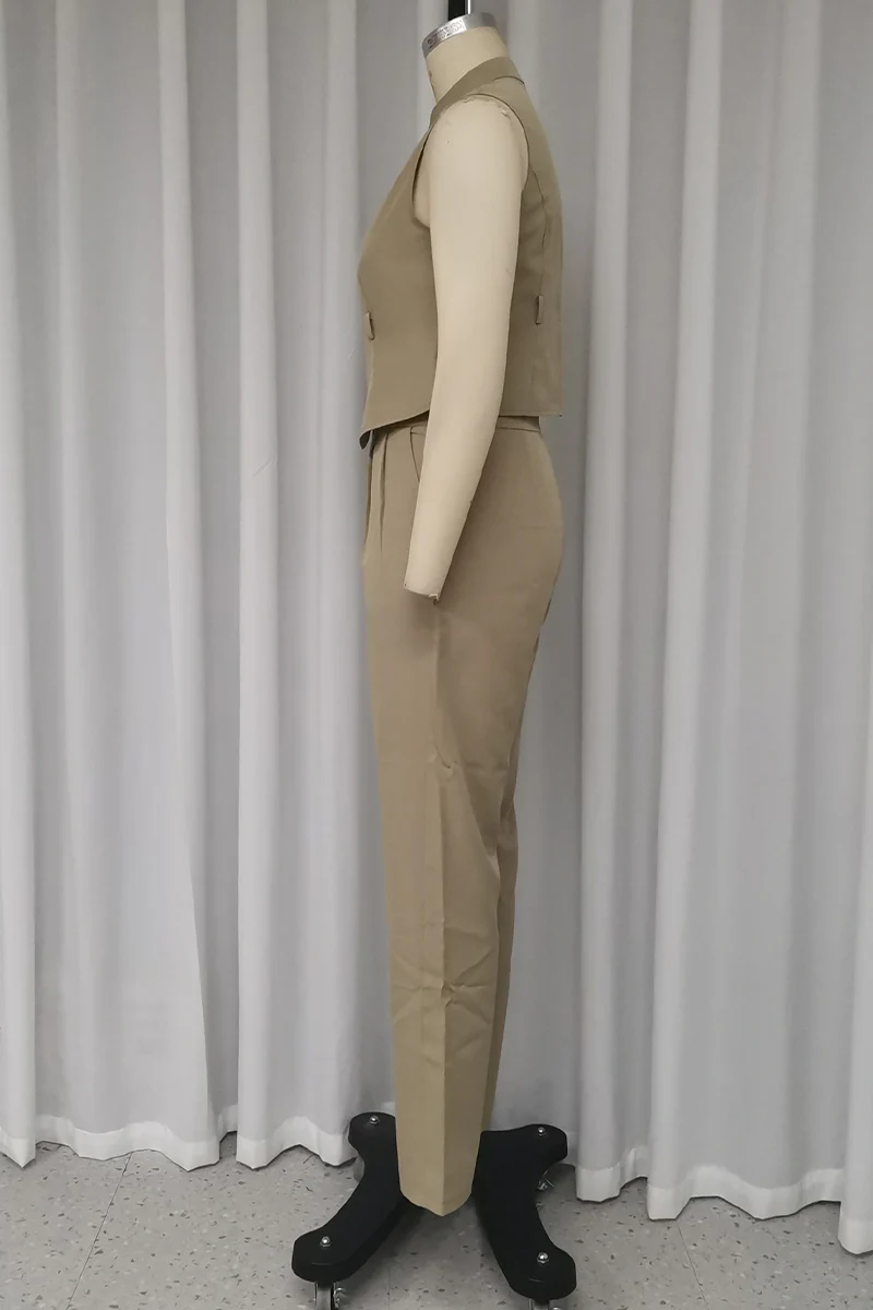 Casual Daily Solid Color Without Belt Zipper Mandarin Collar Sleeveless Two Pieces - Panekey