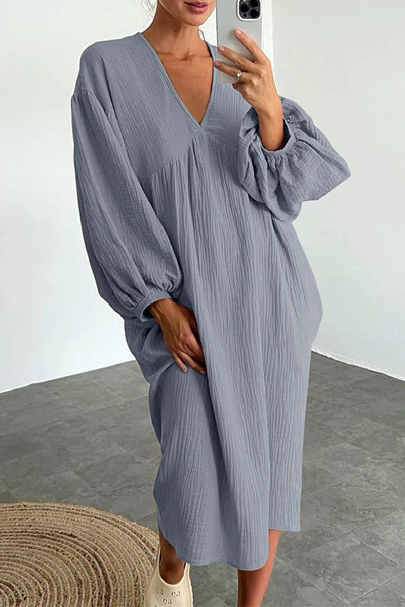 Casual Living Solid Pocket V Neck Long Sleeve Dresses - Panekey