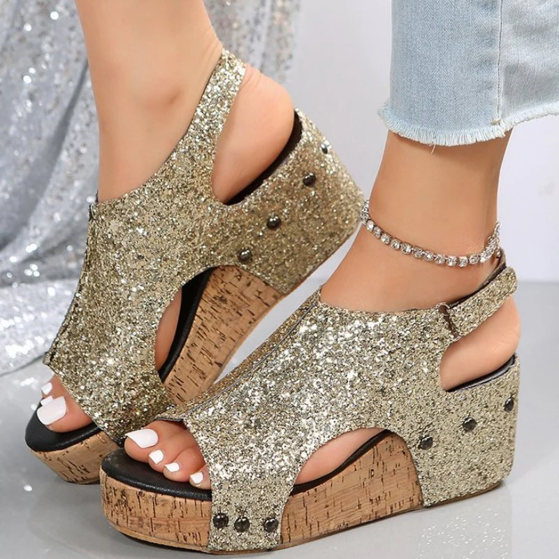 Casual Hollowed Out Sequins Patchwork Fish Mouth Out Door Wedges Shoes - Panekey