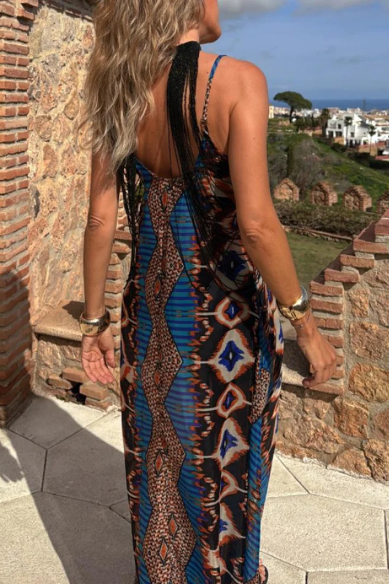 Casual Geometric Print Pocket Contrast V Neck Long Dresses - Panekey