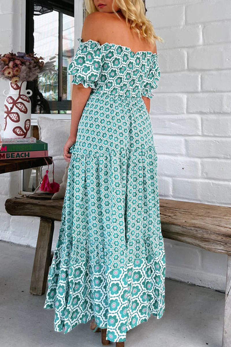 Casual Geometric Print Contrast Off Shoulder Short Sleeve Short Sleeve Dress - Panekey