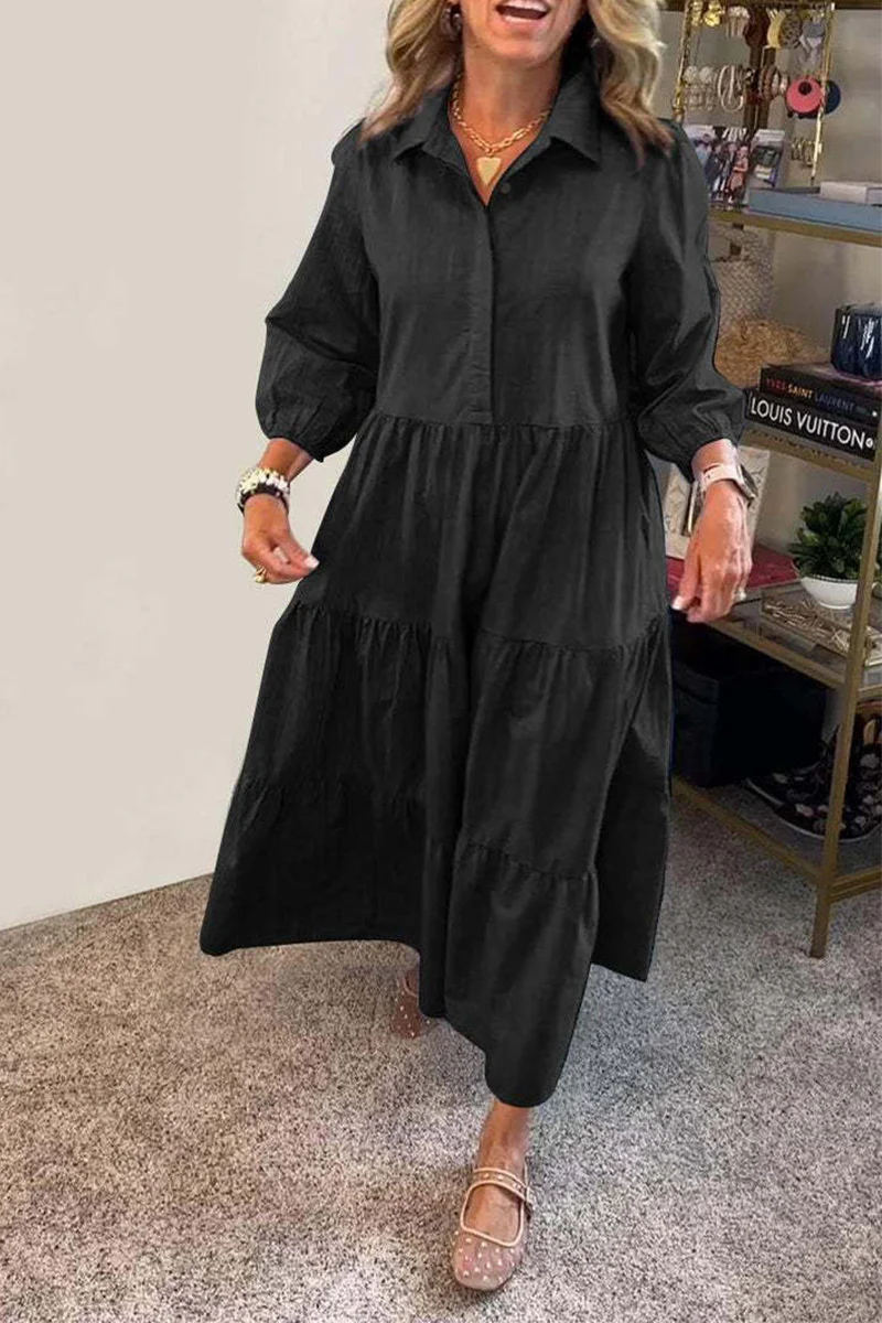 Casual Buttons Ruffle Turndown Collar A Line Dresses(6 Colors) - Panekey