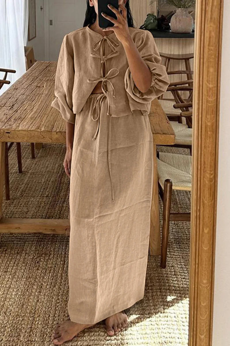 Casual Daily Solid Color Lace Up O Neck Long Sleeve Two Pieces - Panekey