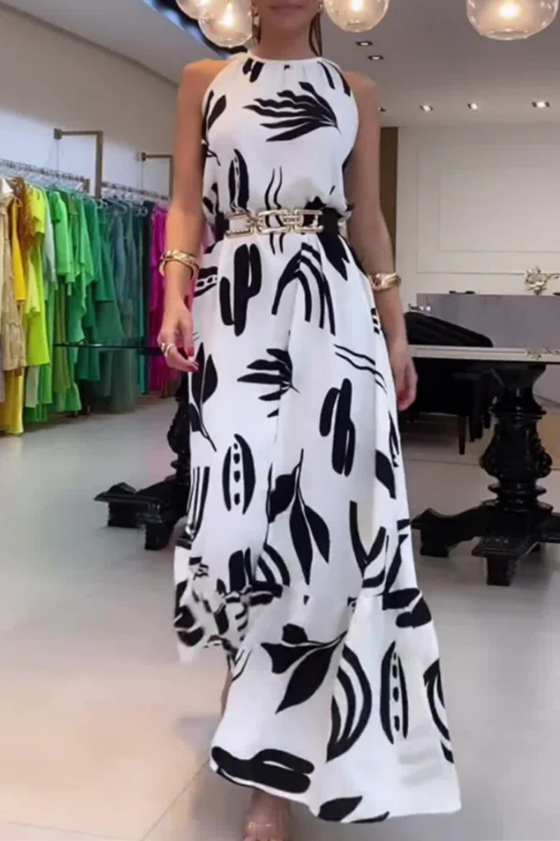 Casual Floral Print Lace Up With Belt O Neck Long Dresses - Panekey