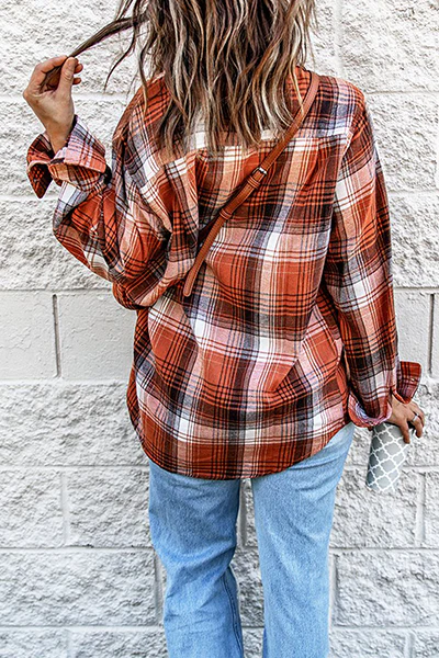 Casual Plaid Patchwork Buckle Turndown Collar Blouses - Panekey