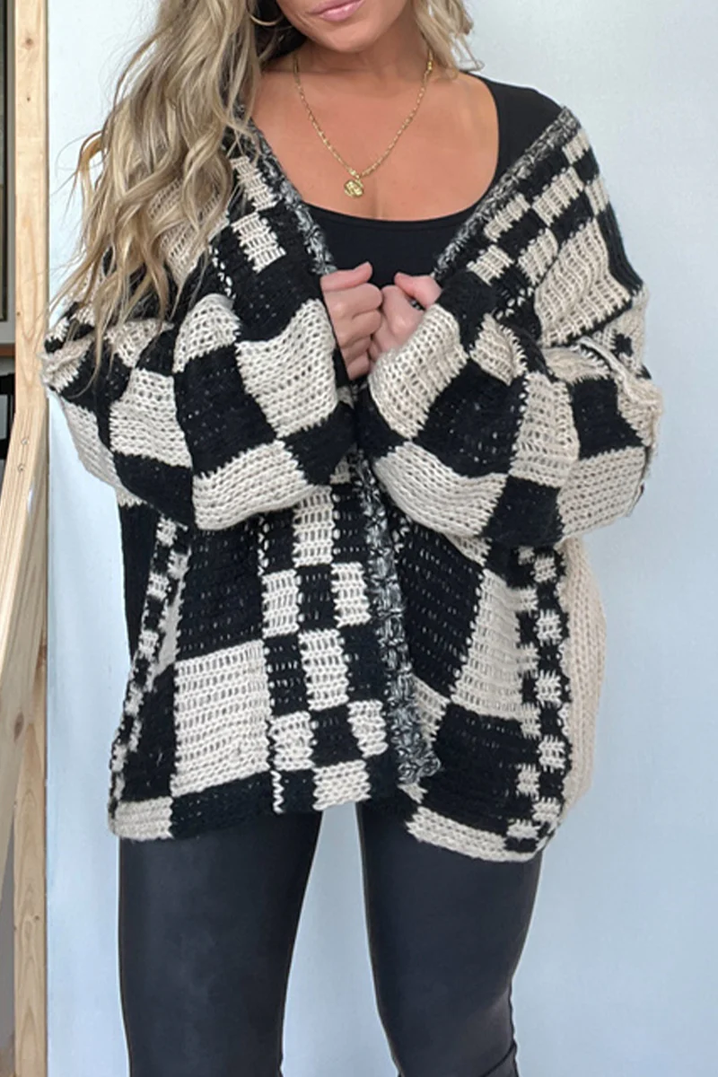 Casual Plaid Weave Contrast V Neck Outerwear(3 Colors) - Panekey