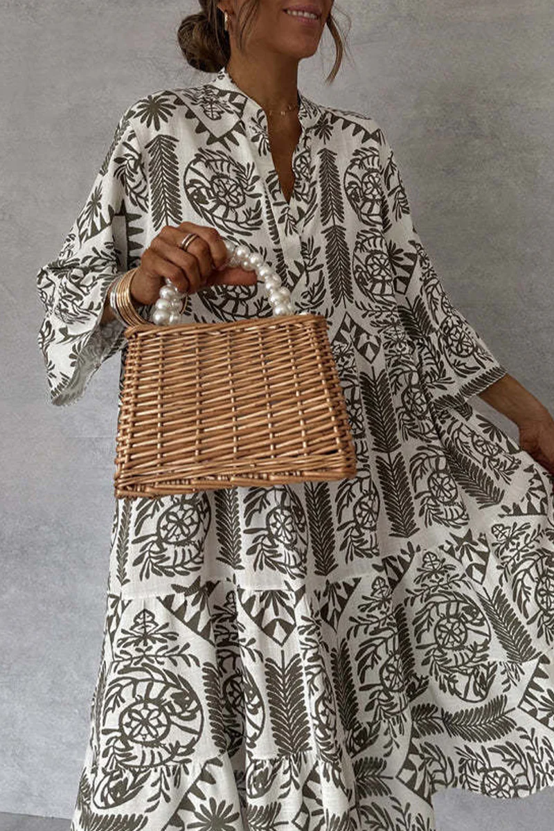 Casual Floral Print Patchwork V Neck A Line Dresses - Panekey