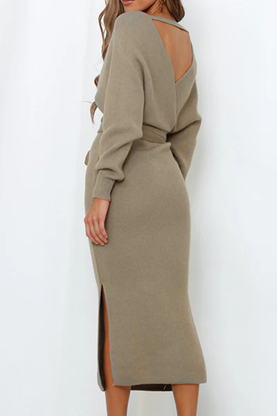Casual Elegant Solid Backless Slit Strap Design V Neck Pencil Skirt Dresses - Panekey