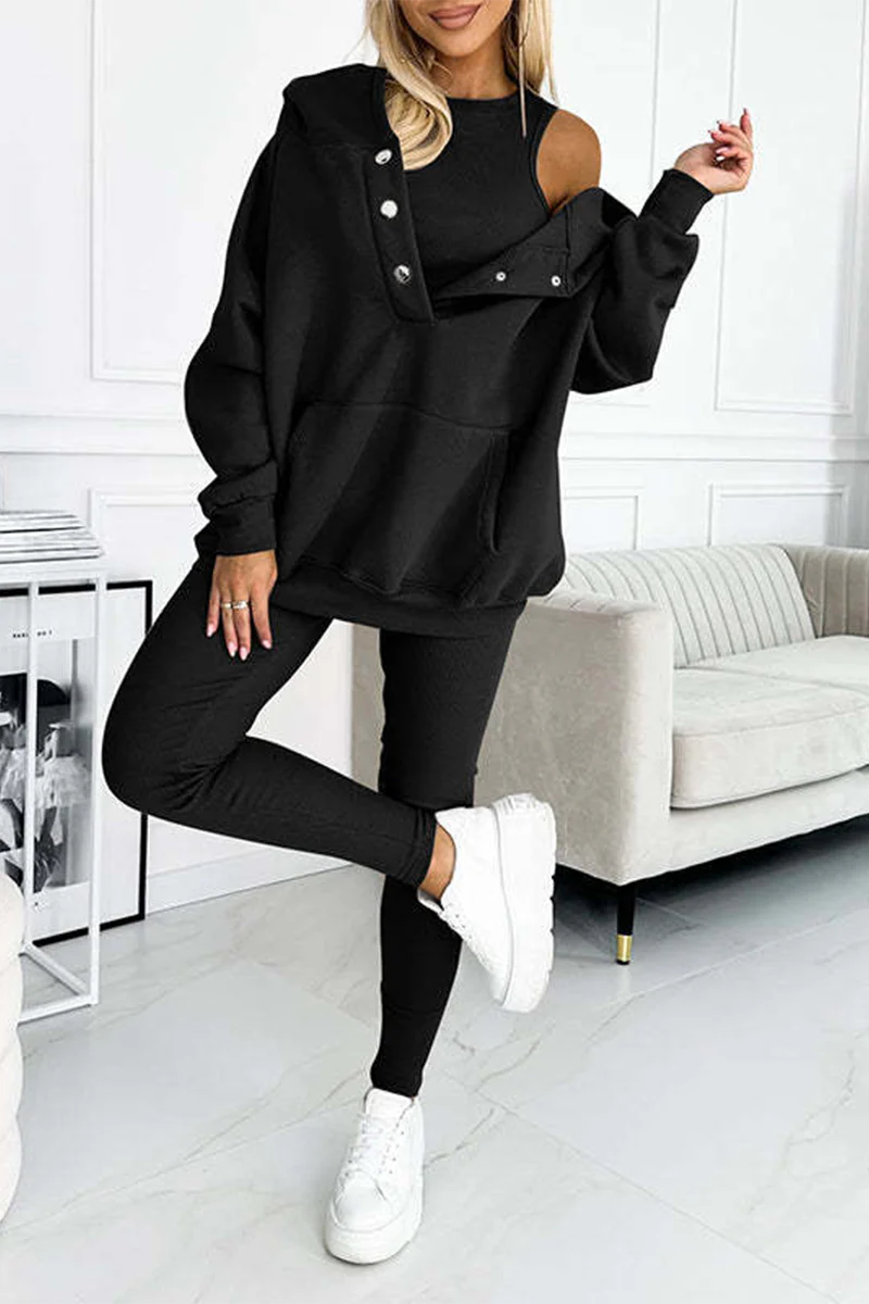 Casual Buttons Texture Hooded Long Sleeve Three Pieces(10 Colors) - Panekey