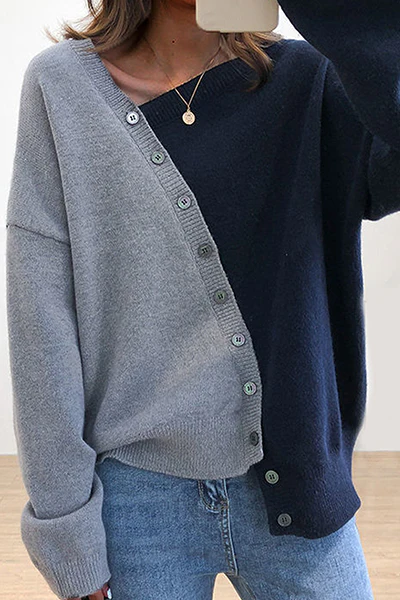Casual Patchwork Buckle Contrast Oblique Collar Tops Sweater - Panekey