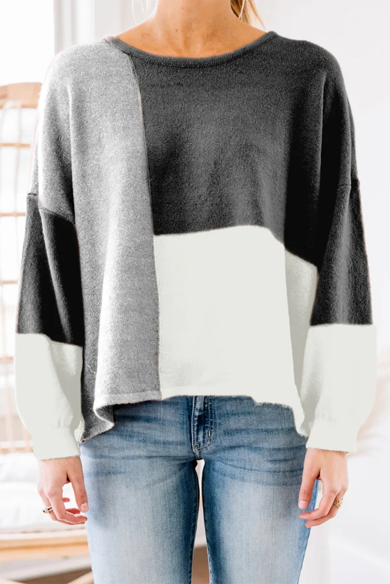 Casual Patchwork  Contrast O Neck Tops Sweater - Panekey