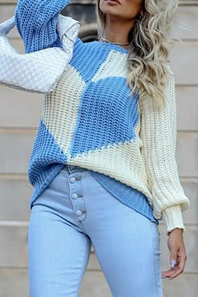 Casual Patchwork  Contrast O Neck Tops Sweater - Panekey
