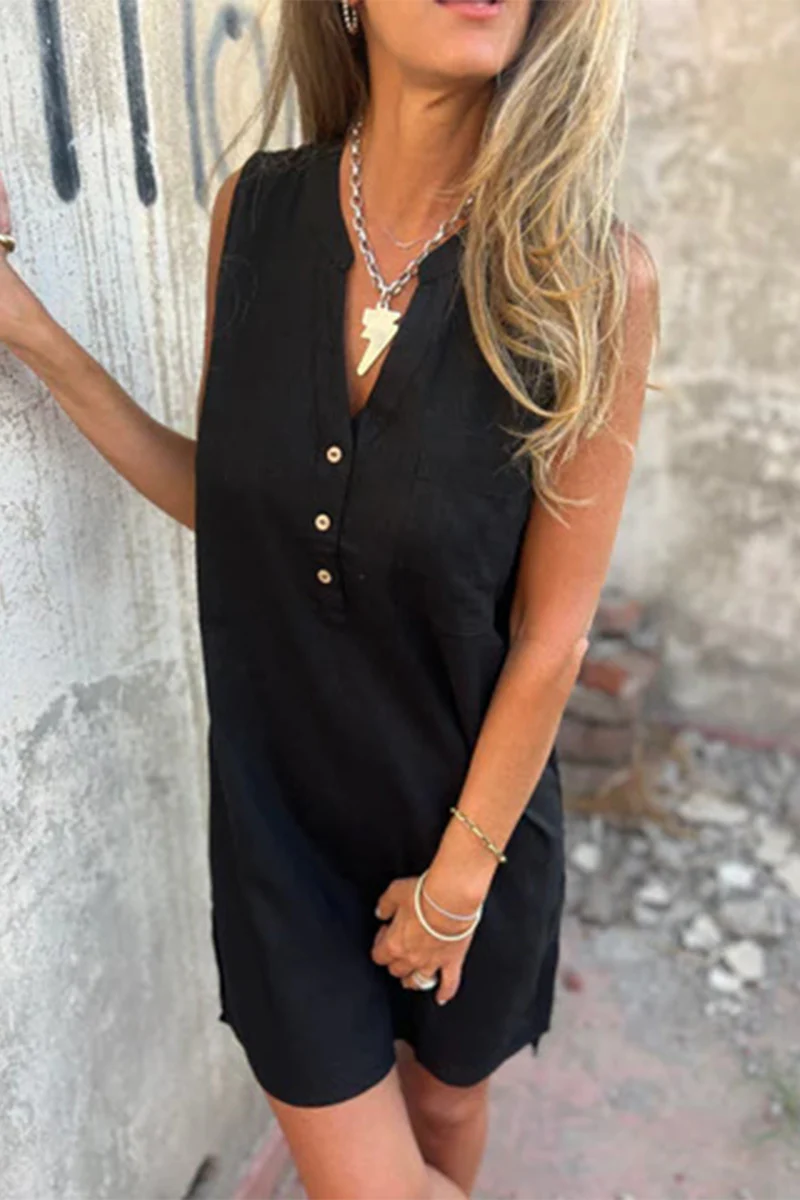 Casual Pocket Buttons V Neck Sleeveless Dresses(4 Colors) - Panekey