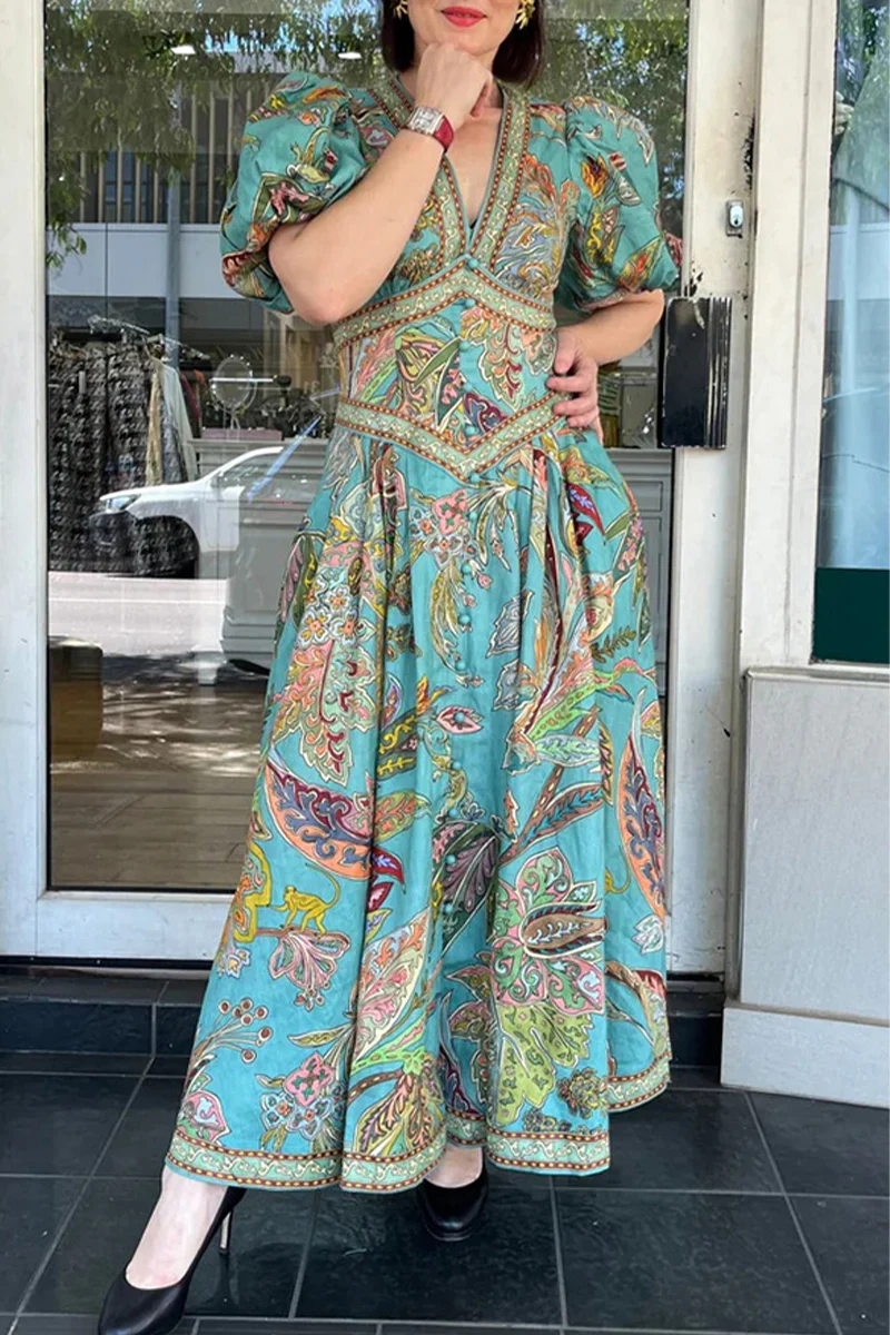 Casual Floral Print Pocket V Neck A Line Dresses - Panekey