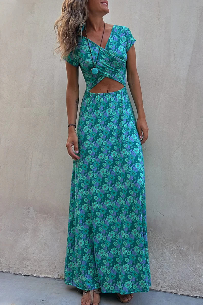 Casual Elegant Print Patchwork V Neck A Line Short Sleeve Dress - Panekey