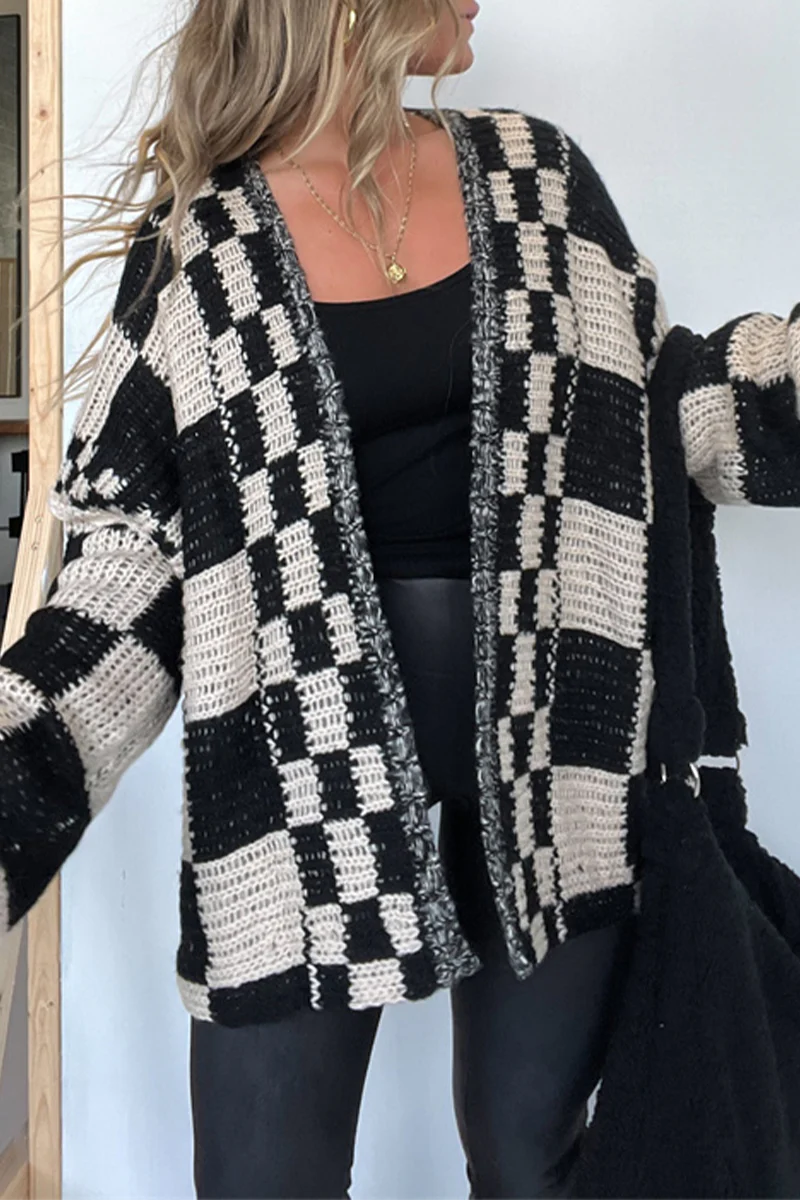 Casual Plaid Weave Contrast V Neck Outerwear(3 Colors) - Panekey