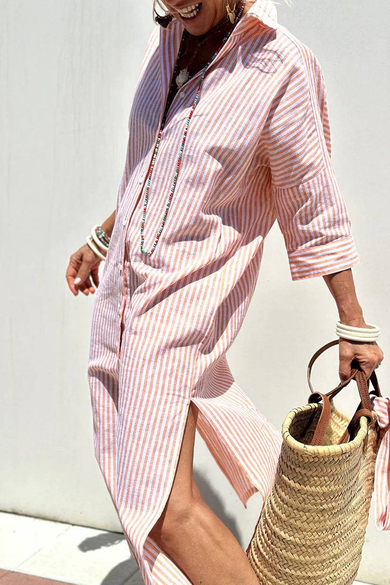 Casual Plaid Striped Print Buttons With Belt Turndown Collar Shirt Dresses(5 Colors) - Panekey