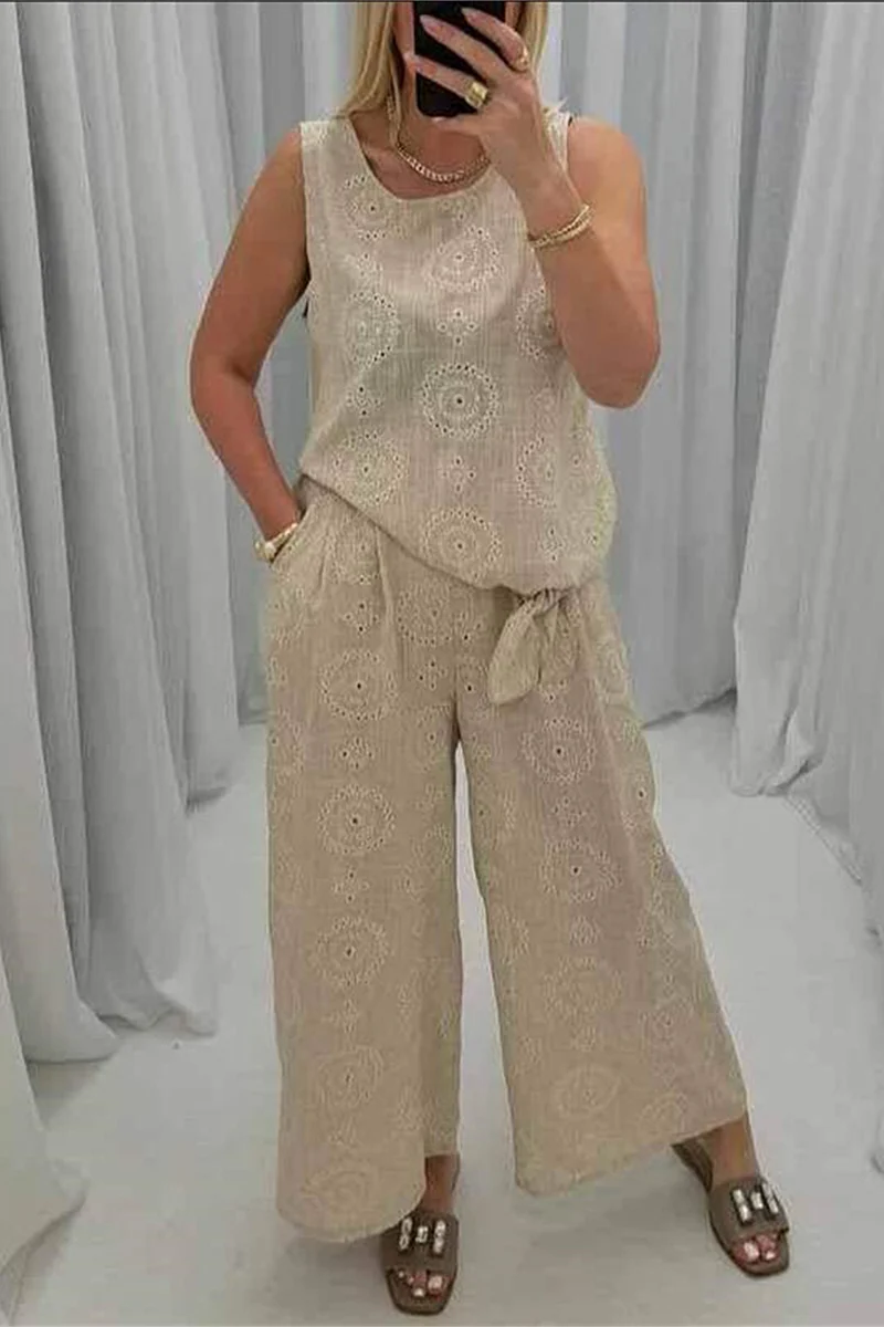 Casual Daily Solid Color Hollow Out Pocket O Neck Sleeveless Two Pieces - Panekey