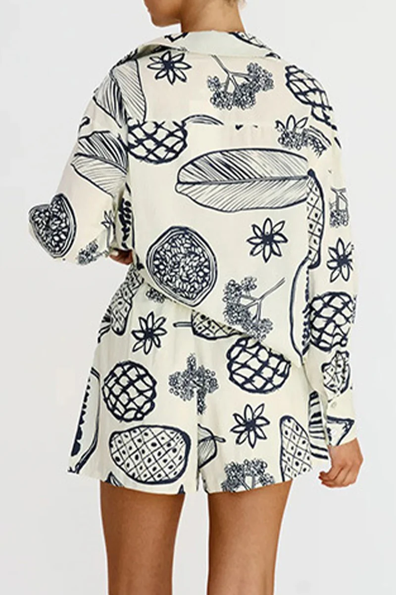 Casual Floral Patchwork Turndown Collar Long Sleeve Two Pieces - Panekey